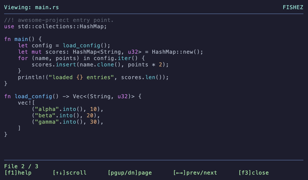 fishez terminal demo showing filtering, preview, and shell navigation